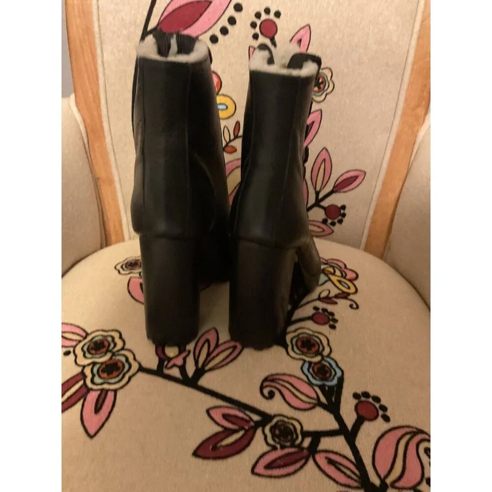 Schultz Zhara Black Lace Sherpa Stacked Lug Leather Boots 7 NEW $250 Moto Boho